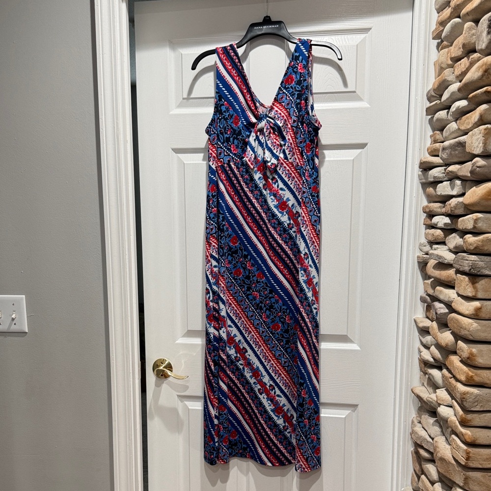 Nina Leonard Floral Striped Maxi Dress - Red, Blue, White